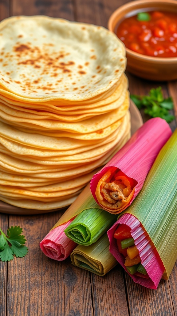 Freshly made tortillas and colorful tamales on a rustic wooden table with salsa and cilantro.